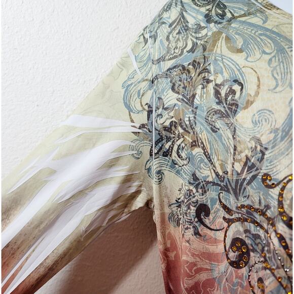 Jess & Jane Green Rhinestone Bodice Floral Print Top Small Lightweight Flowy - Picture 5 of 6